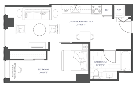 a floor plan of a house with a bedroom and a living room